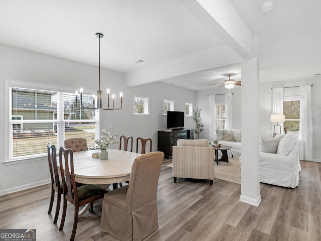 dining room featuring ceiling fan with notable chandelier, wood-type flooring, and a healthy amount of sunlight