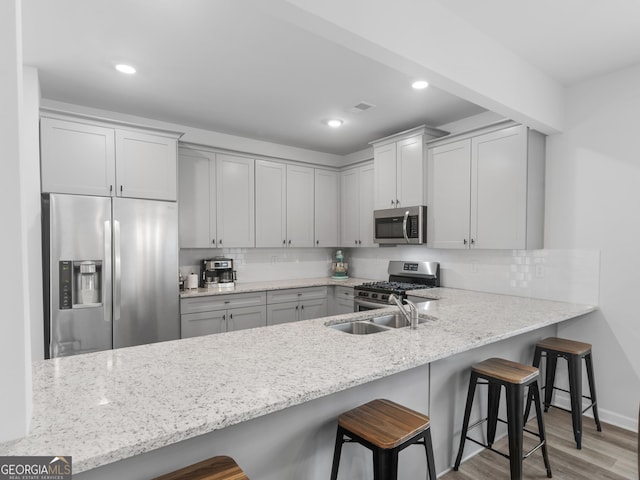 kitchen featuring tasteful backsplash, stainless steel appliances, sink, and light hardwood / wood-style floors