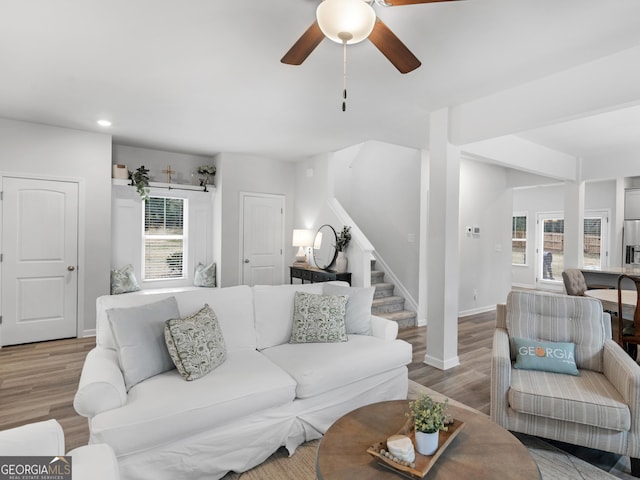 living room with ceiling fan, plenty of natural light, and light hardwood / wood-style floors