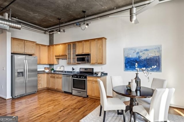 kitchen featuring sink, a towering ceiling, light hardwood / wood-style flooring, and stainless steel appliances