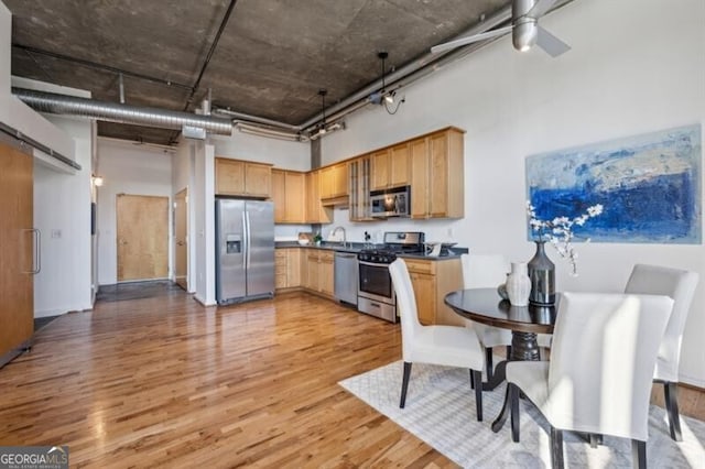 kitchen featuring appliances with stainless steel finishes, ceiling fan, a barn door, light hardwood / wood-style floors, and a high ceiling