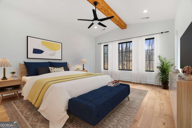 bedroom with light wood-type flooring, visible vents, recessed lighting, and vaulted ceiling with beams