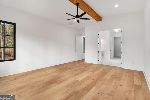 unfurnished bedroom with light wood finished floors, baseboards, beamed ceiling, recessed lighting, and a ceiling fan