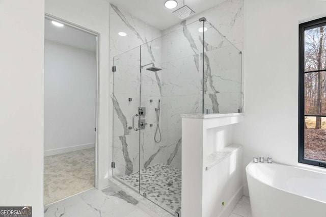 full bathroom featuring visible vents, marble finish floor, recessed lighting, a marble finish shower, and a freestanding bath