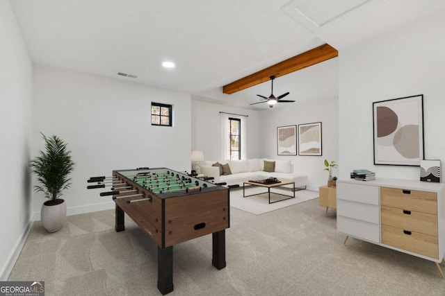 game room with visible vents, baseboards, light colored carpet, lofted ceiling with beams, and recessed lighting