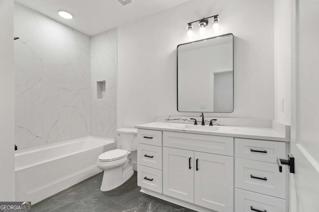 full bath featuring vanity, visible vents, shower / washtub combination, toilet, and marble finish floor