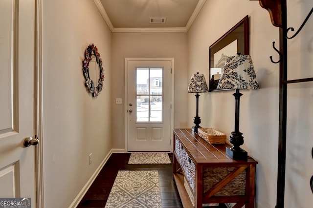 entryway featuring dark wood-type flooring and crown molding