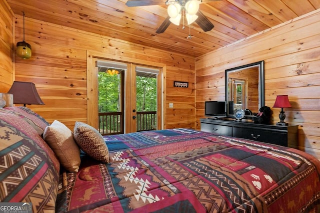 bedroom featuring access to outside, ceiling fan, wood ceiling, and wood walls