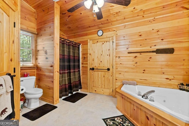 bathroom featuring wood ceiling, lofted ceiling, and wooden walls