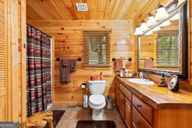 bathroom featuring toilet, vanity, walk in shower, wood walls, and wooden ceiling