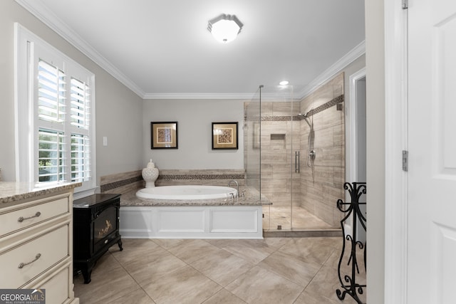 bathroom with vanity, tile patterned flooring, ornamental molding, and plus walk in shower