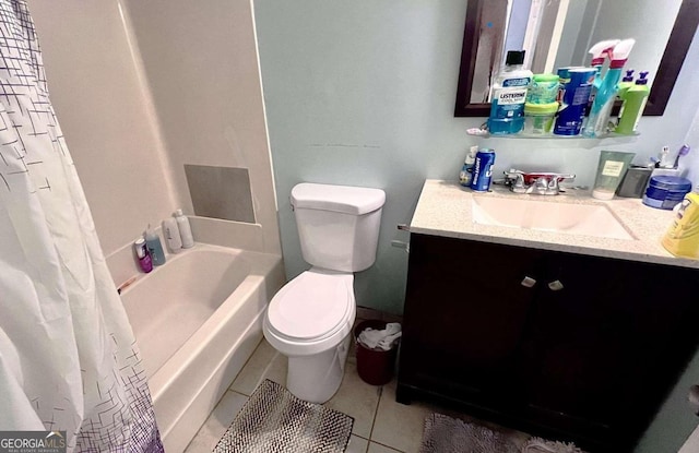 full bathroom featuring toilet, tile patterned floors, shower / bath combo, and vanity