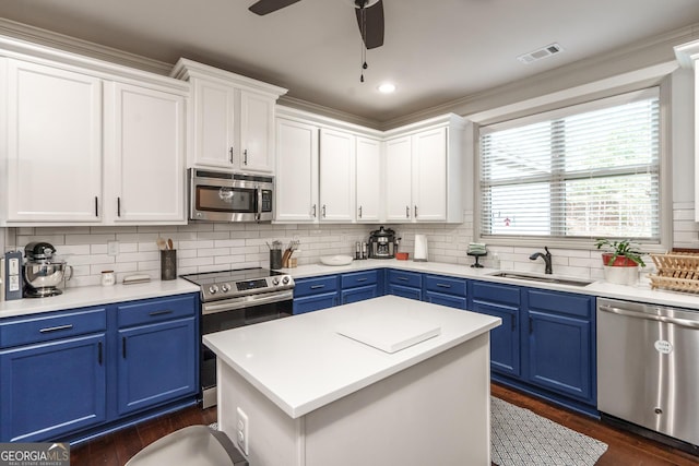 kitchen featuring stainless steel appliances, a kitchen island, blue cabinetry, and sink