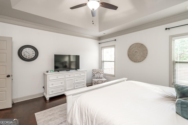 bedroom featuring ceiling fan, a tray ceiling, and dark hardwood / wood-style flooring