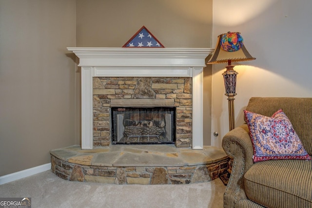 interior space featuring a fireplace and carpet flooring