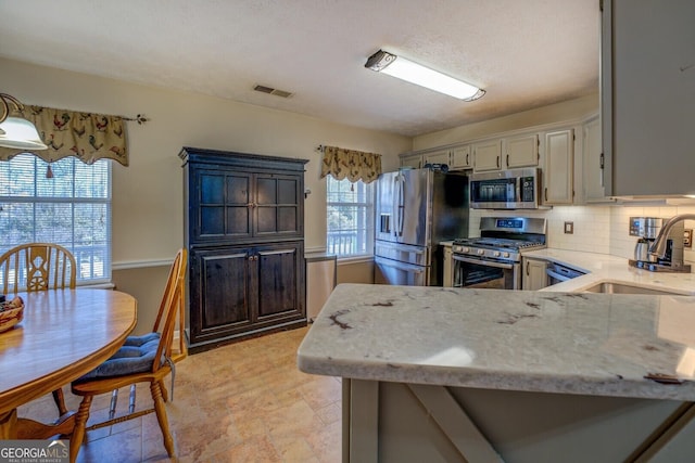 kitchen featuring appliances with stainless steel finishes, kitchen peninsula, plenty of natural light, and sink