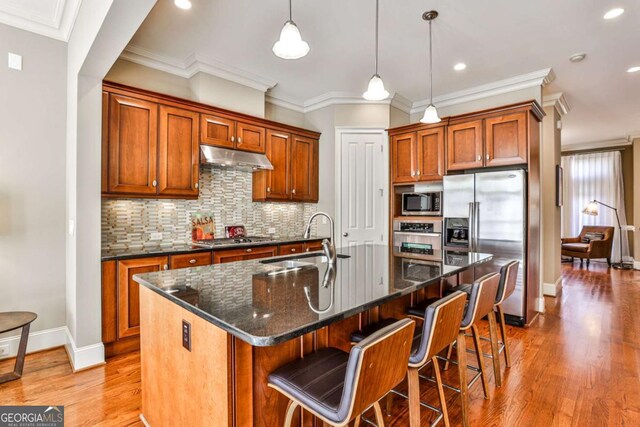 kitchen featuring a kitchen island with sink, appliances with stainless steel finishes, pendant lighting, sink, and tasteful backsplash