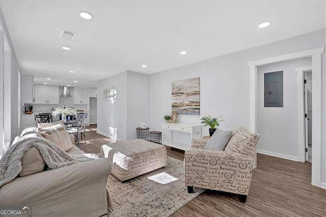 living room with dark hardwood / wood-style flooring and electric panel