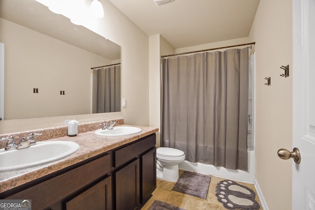 full bathroom with toilet, vanity, and shower / bath combination with curtain