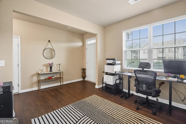 home office with dark wood-type flooring and a wealth of natural light