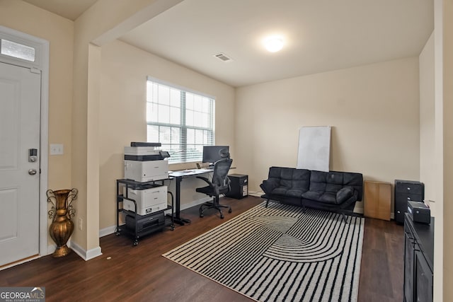 office area with dark hardwood / wood-style floors