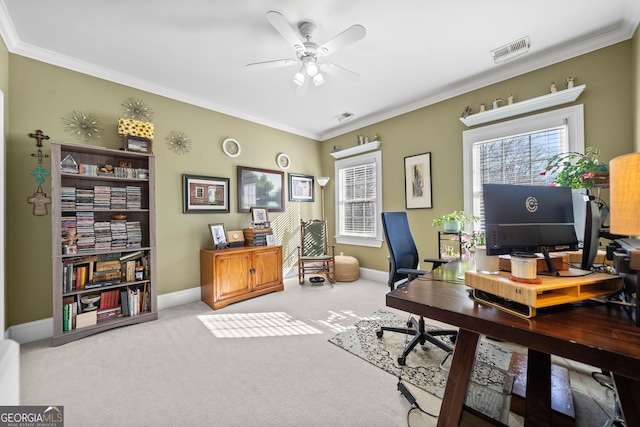 office featuring carpet flooring, ornamental molding, and ceiling fan