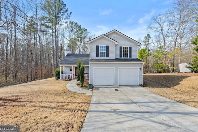 front facade with a garage and covered porch