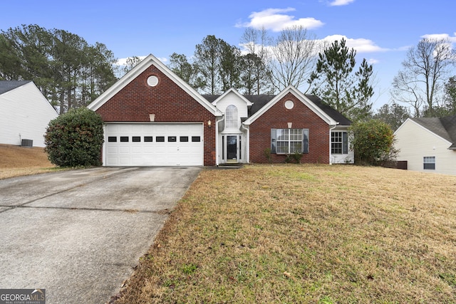 view of front of home featuring central AC, a front yard, and a garage