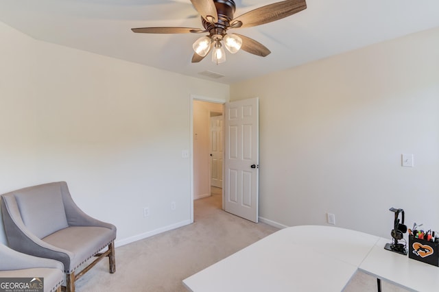 bedroom with a ceiling fan, light colored carpet, visible vents, and baseboards