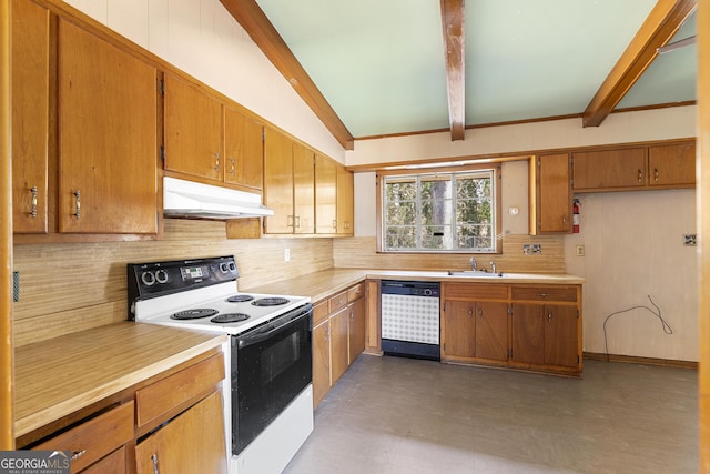 kitchen featuring range with electric stovetop, dishwasher, lofted ceiling with beams, and sink