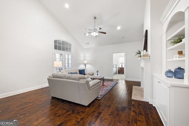 living room with dark hardwood / wood-style flooring, high vaulted ceiling, and ceiling fan