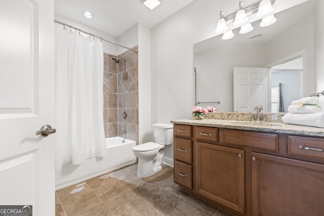 full bathroom featuring toilet, vanity, and shower / bathtub combination with curtain