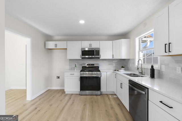 kitchen with appliances with stainless steel finishes, light wood-type flooring, decorative backsplash, sink, and white cabinetry