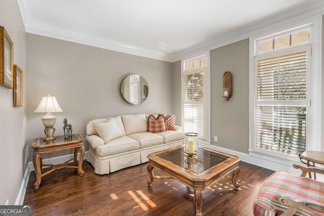 living room featuring ornamental molding, a healthy amount of sunlight, and dark wood-type flooring