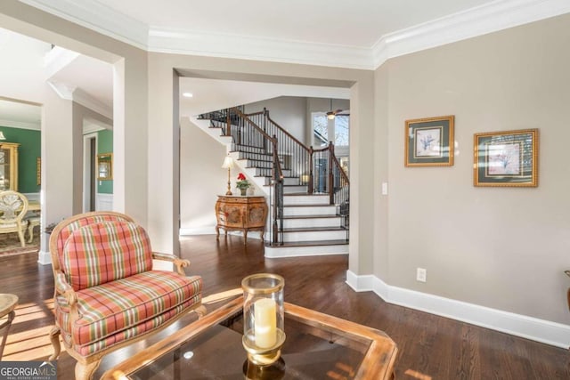 living area with ceiling fan, dark hardwood / wood-style flooring, and crown molding