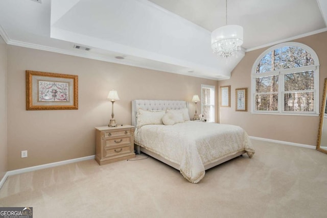 carpeted bedroom featuring ornamental molding and a notable chandelier