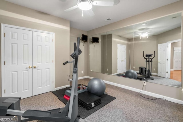 exercise area with carpet floors and ceiling fan