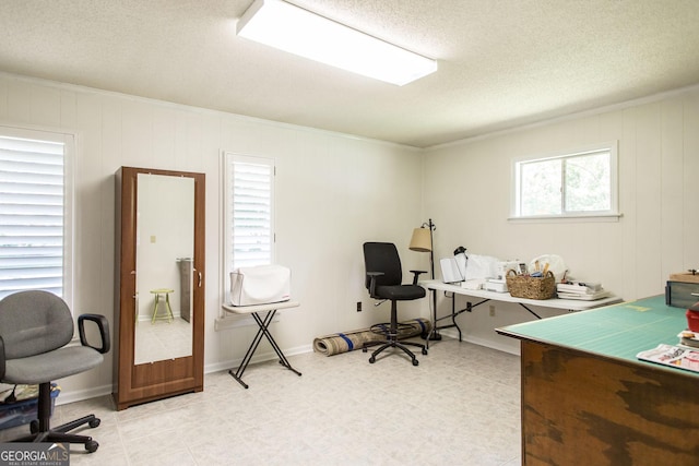 home office featuring a textured ceiling and crown molding