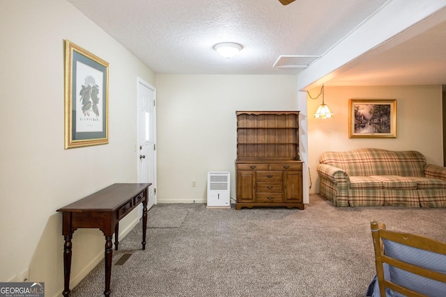 sitting room featuring carpet flooring and a textured ceiling