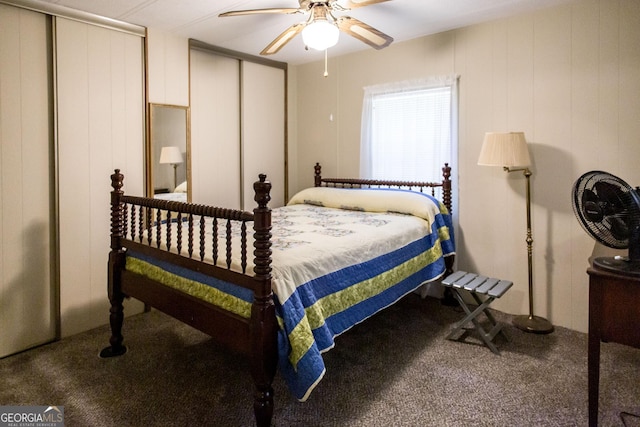 bedroom featuring ceiling fan and carpet flooring