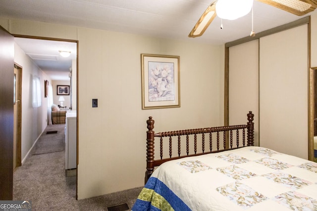 bedroom with a closet, carpet floors, and ceiling fan