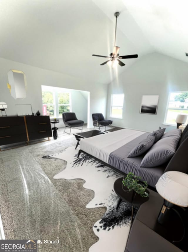 living room with lofted ceiling and ceiling fan