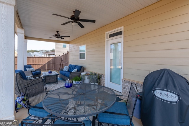 view of patio / terrace featuring ceiling fan and an outdoor hangout area