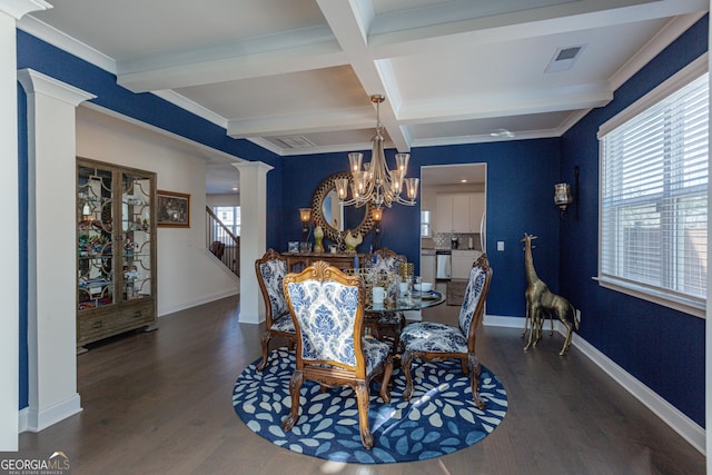 dining room with a wealth of natural light, beam ceiling, coffered ceiling, and ornate columns