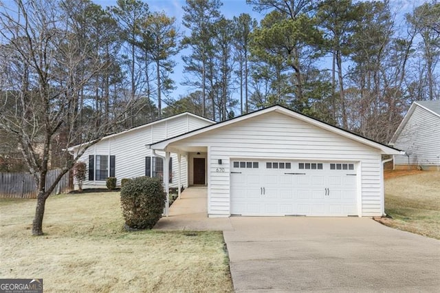 ranch-style home with a front lawn and a garage