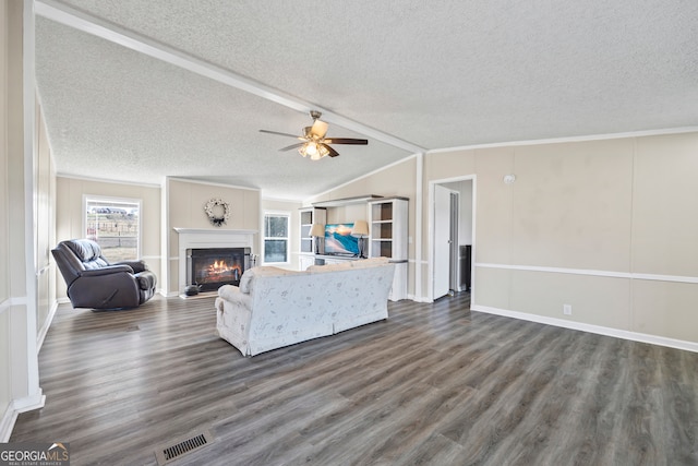 living room with a textured ceiling, dark wood-type flooring, and vaulted ceiling