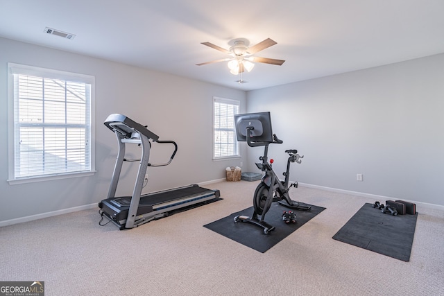 workout area featuring ceiling fan, a healthy amount of sunlight, and carpet flooring