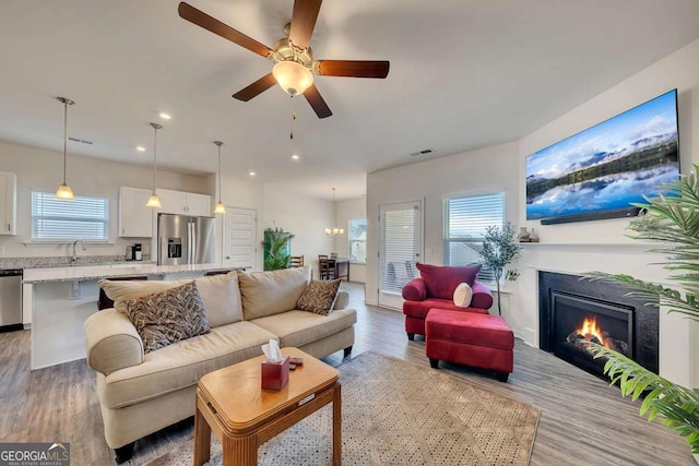 living room featuring ceiling fan with notable chandelier, light hardwood / wood-style flooring, and sink