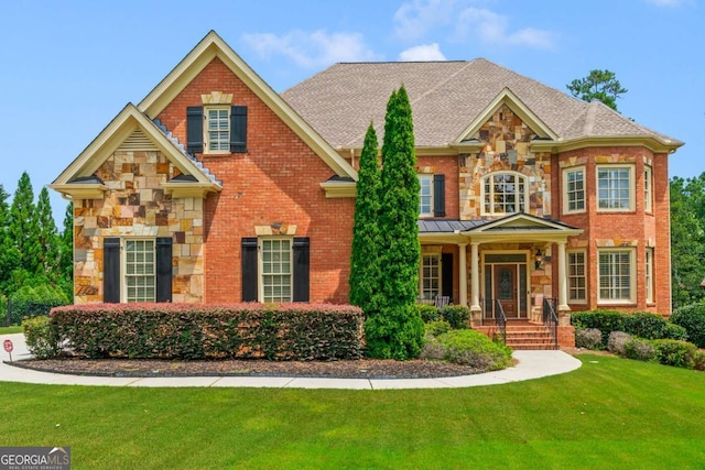 craftsman inspired home featuring covered porch and a front lawn