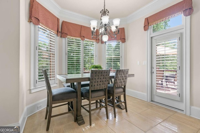 dining area featuring a notable chandelier, crown molding, and light tile patterned floors